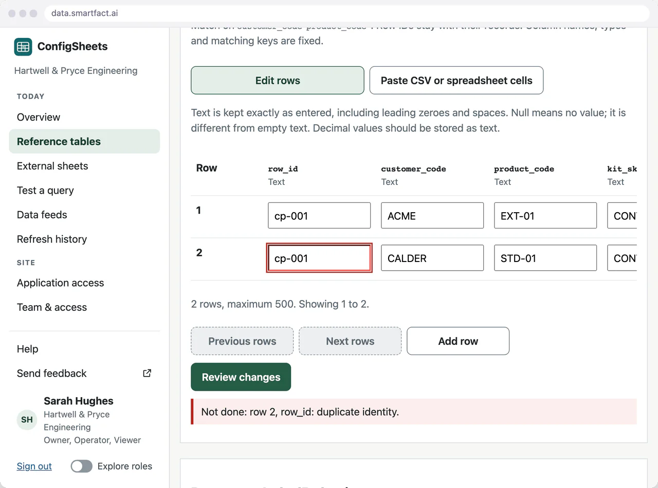 ConfigSheets in SmartFACT Data refusing a proposed table because rows 1 and 2 share the row identifier cp-001