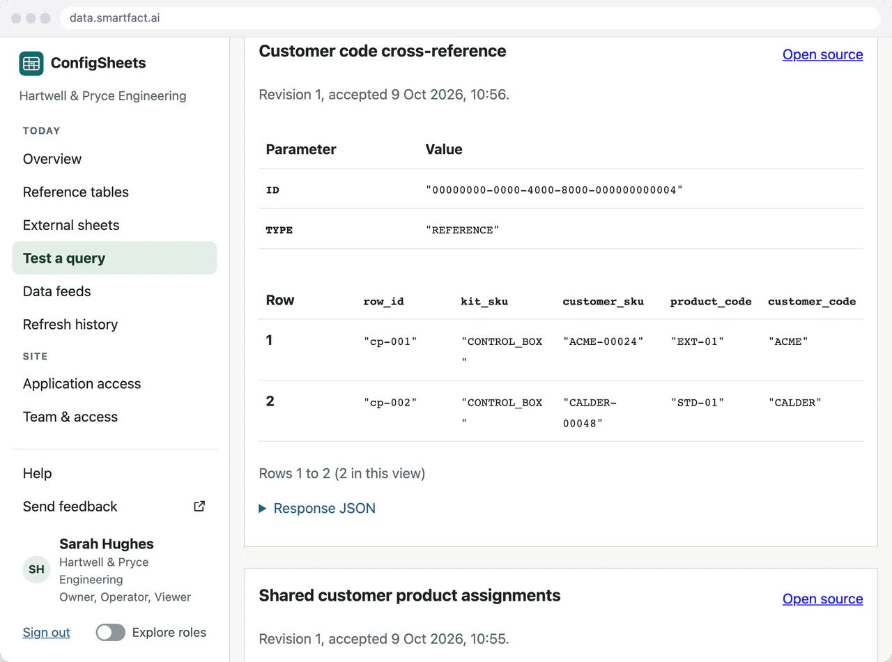 ConfigSheets query results in SmartFACT Data listing a customer code cross-reference table with its revision and rows