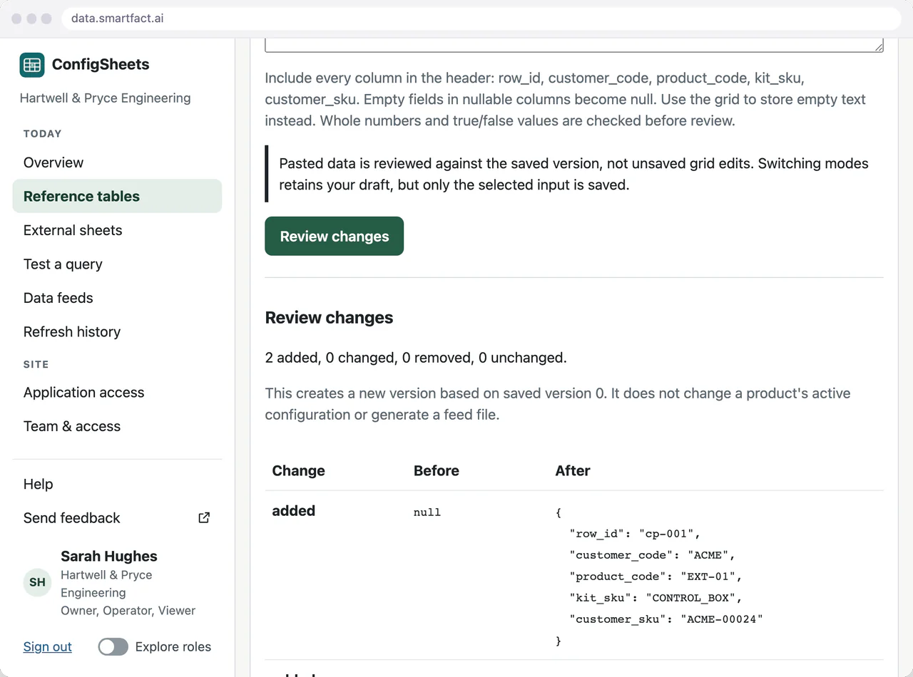ConfigSheets in SmartFACT Data reviewing pasted rows for a customer product table: 2 added, 0 changed, 0 removed, 0 unchanged, with each added row listed