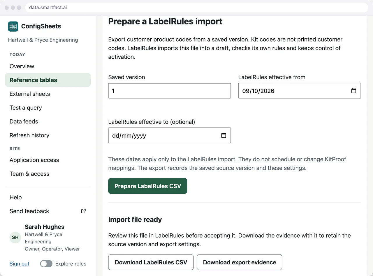 ConfigSheets in SmartFACT Data with Prepare a LabelRules import: saved version 1, an effective-from date, and the import file ready with buttons to download the LabelRules CSV and its export evidence