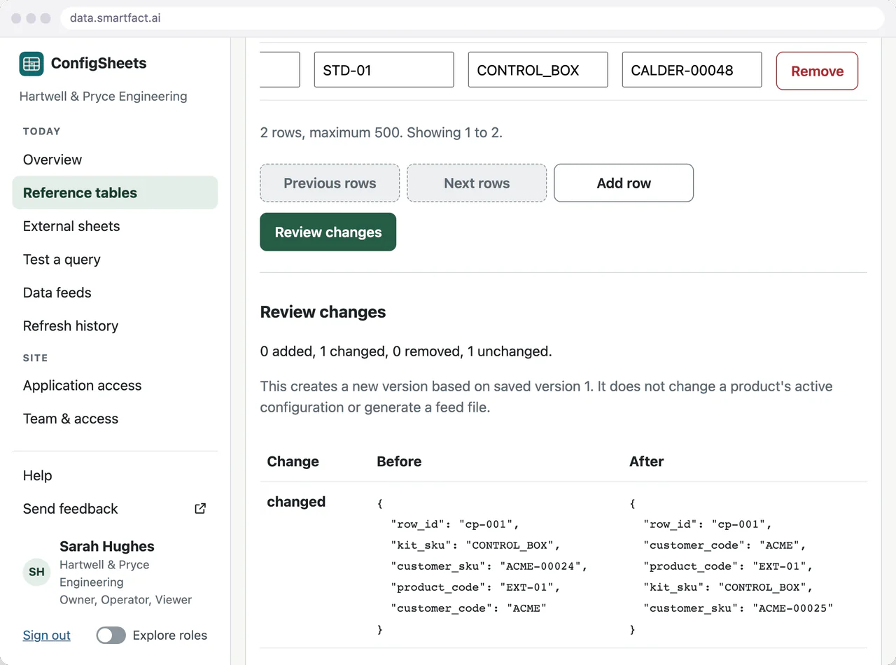 ConfigSheets table grid in SmartFACT Data with one customer code changed to ACME-00025, and the review counting 0 added, 1 changed, 0 removed, 1 unchanged, with the row before and after