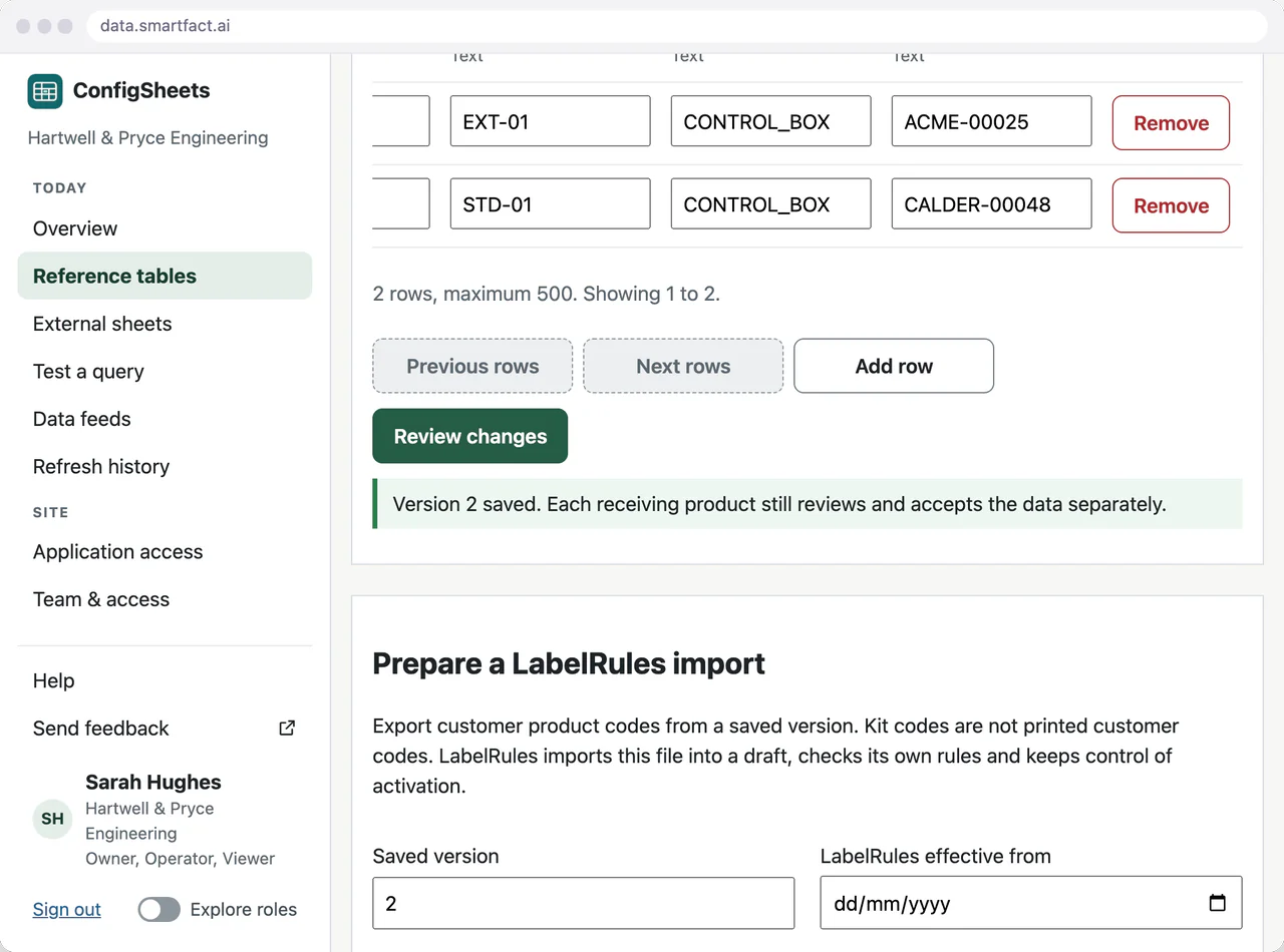 ConfigSheets in SmartFACT Data confirming that version 2 of the shared customer product table is saved, with each receiving product still to review the data