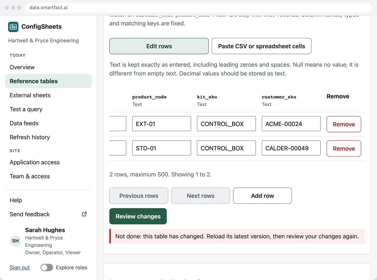 ConfigSheets in SmartFACT Data refusing a proposed change: the table has changed, so reload its latest version and review the changes again